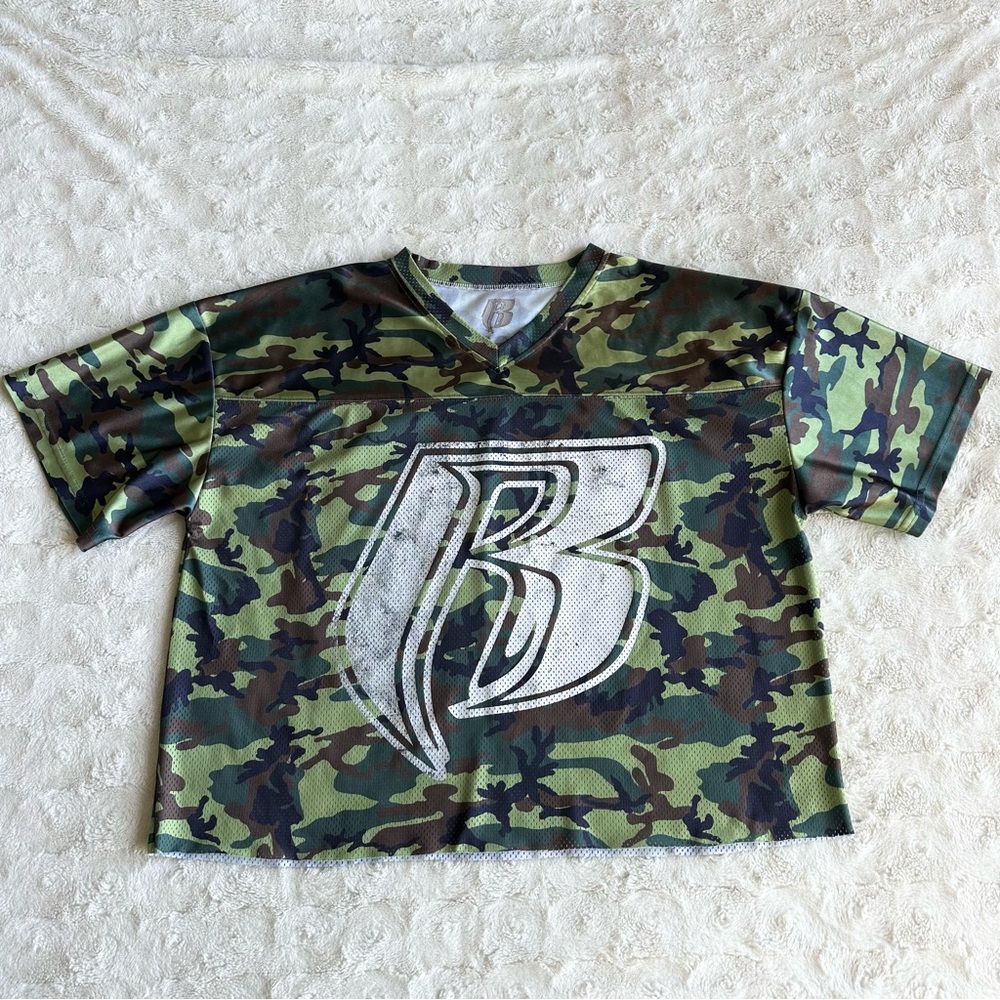 RARE Ruff Ryders Jersey Shirt Mens Small Green Camo Mesh DMX Streetwear CROPPED
